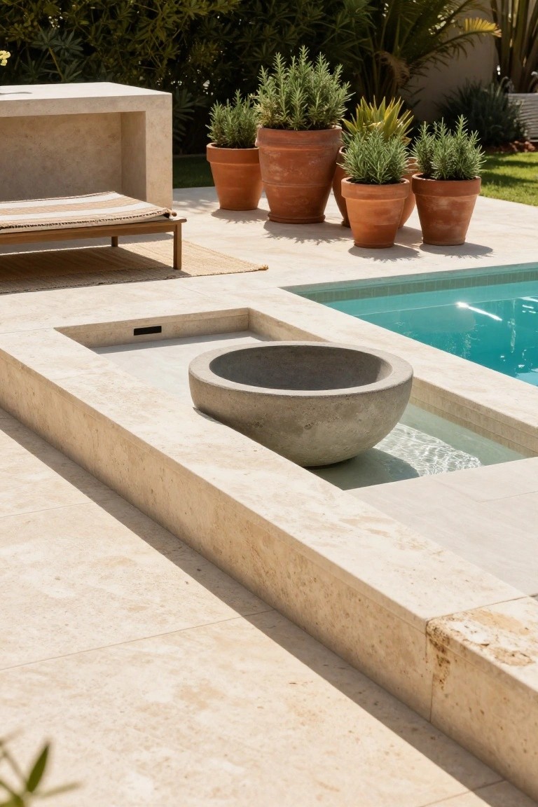 Outdoor pool deck in beige travertine with a large gray concrete bowl fountain built into the edge, water spilling from the bowl into a shallow channel toward the turquoise pool water, surrounded by terracotta pots of rosemary and a wooden lounge chair.