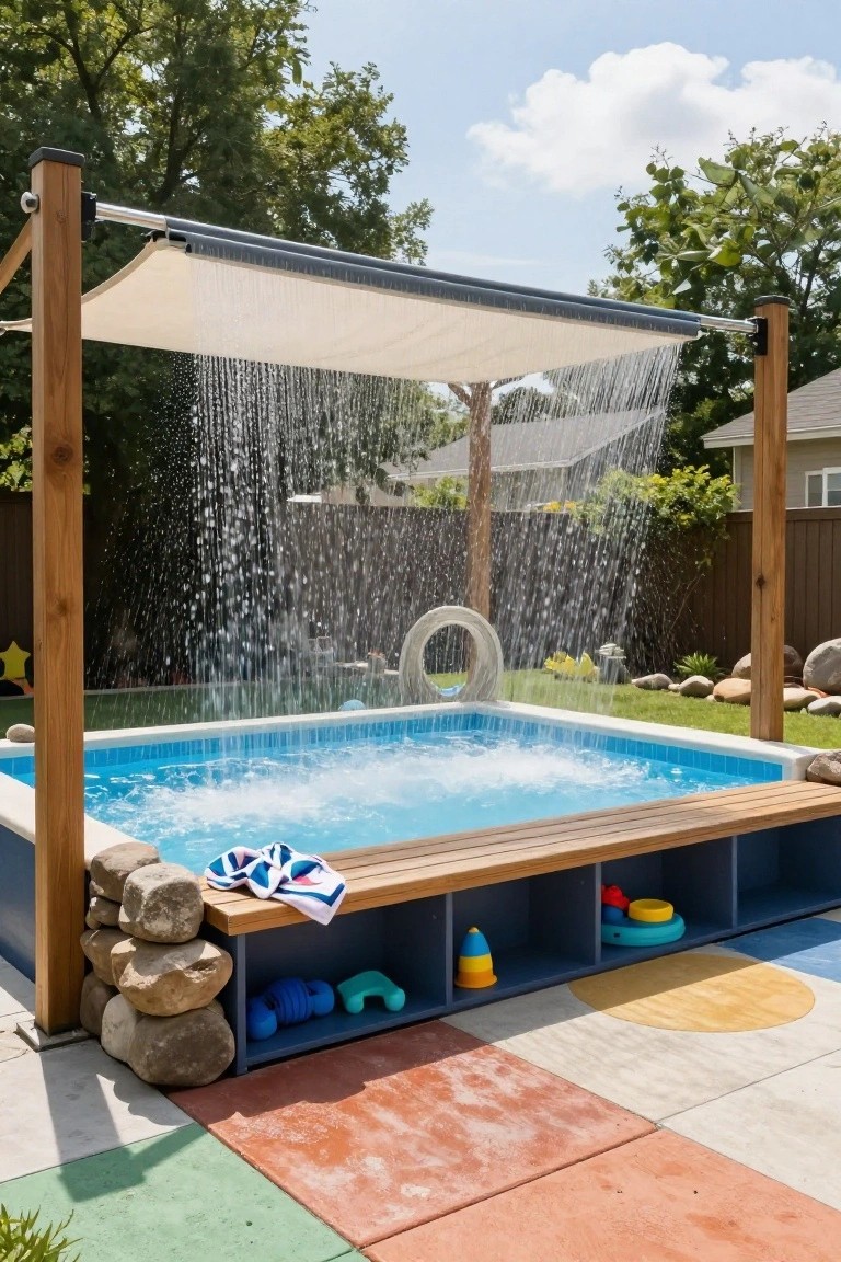 Small blue above-ground pool in a backyard under a wooden pergola with white fabric shade releasing a cascading waterfall into the water, surrounded by rocks, toys, and colorful pavers.