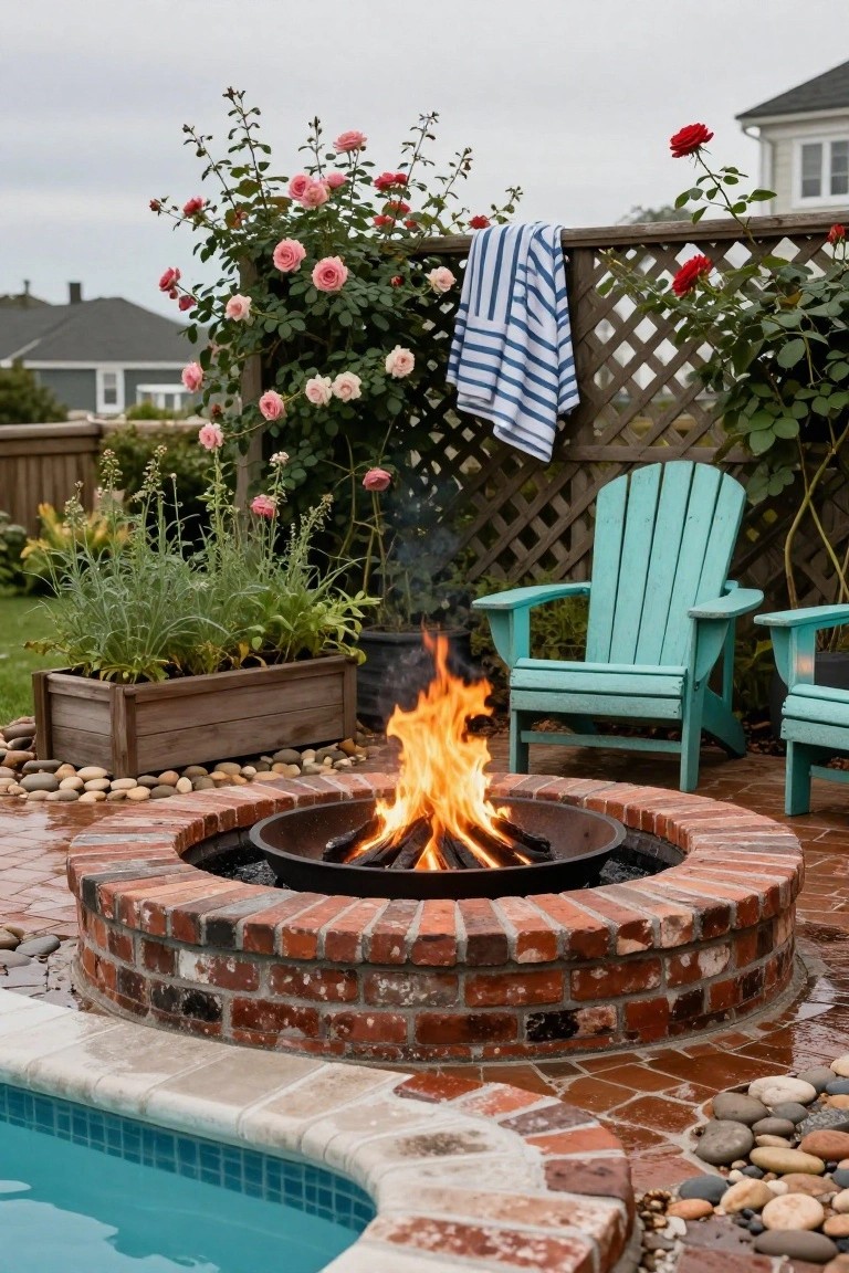 Curved brick fire pit built into a patio next to an in-ground pool, with two teal Adirondack chairs nearby, plants in wooden boxes, and climbing roses on a wooden fence.