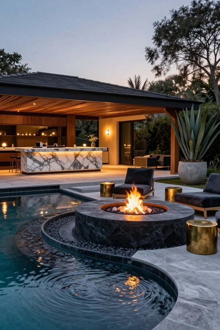 Fire Pit Built into the Pool Edge