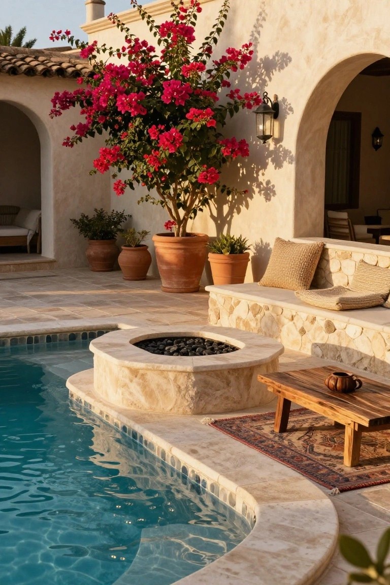 Curved stone fire pit integrated into the edge of a turquoise pool, with built-in stone bench seating, wooden table on a Persian rug holding a teapot, potted plants, bougainvillea tree, and stucco architecture with arches in golden hour light.