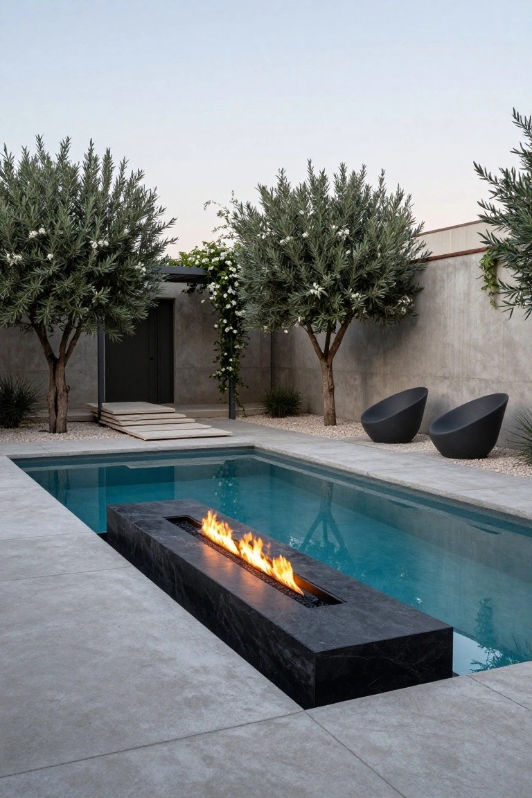 Outdoor pool with a linear black stone fire pit along one edge, turquoise water reflecting orange flames, two black bowl-shaped chairs on pebble ground, olive trees, climbing plants, and concrete walls.