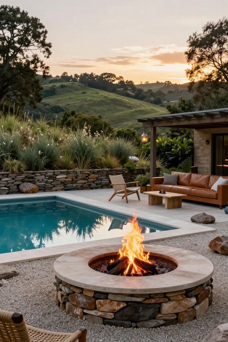 Outdoor pool with turquoise water next to a circular stone and travertine fire pit containing burning logs, surrounded by gravel, large rocks, a leather sofa, wood chairs, low table, stone wall, plants, pergola, and hills at sunset.