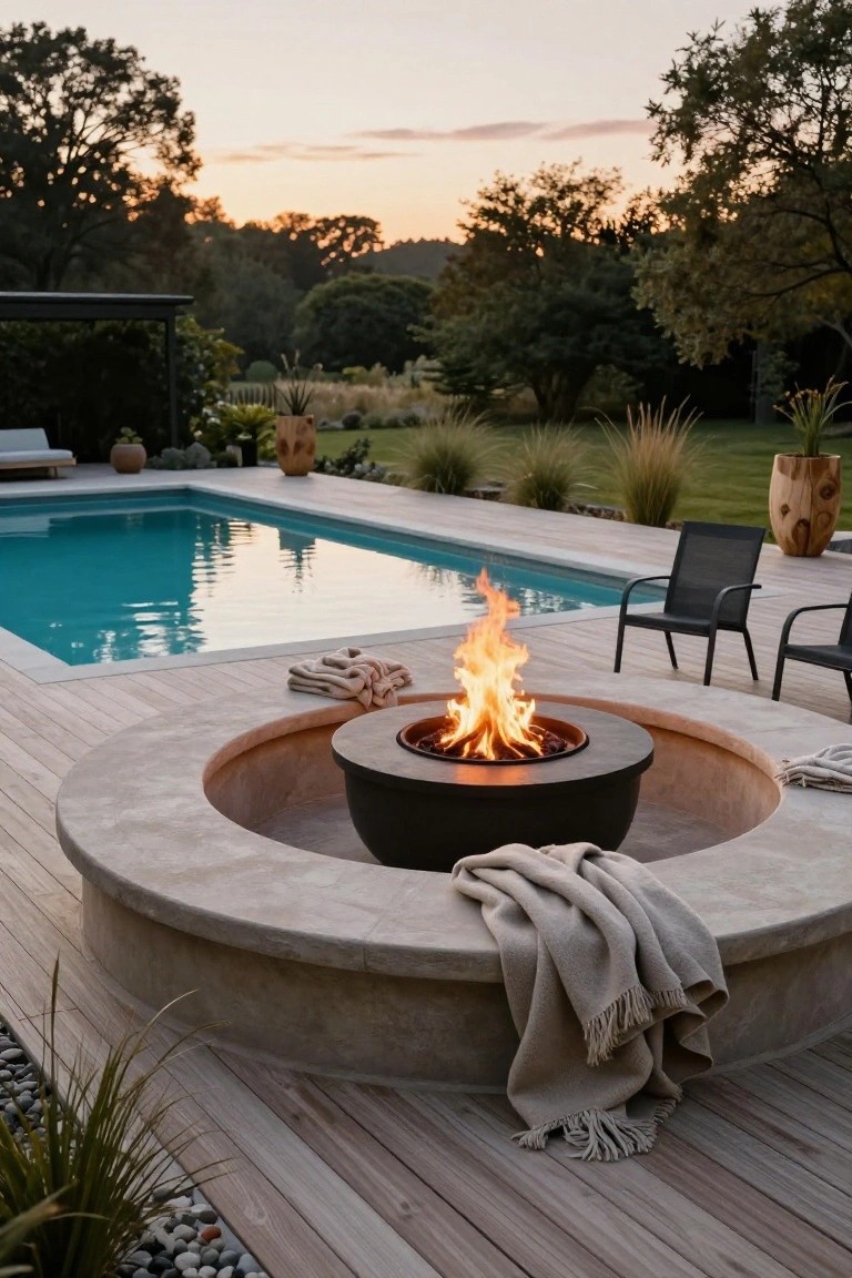 Poolside wooden deck with a circular beige stone bench holding a black fire pit bowl with flames, lounge chairs, towels, potted plants, and surrounding landscaping at sunset.
