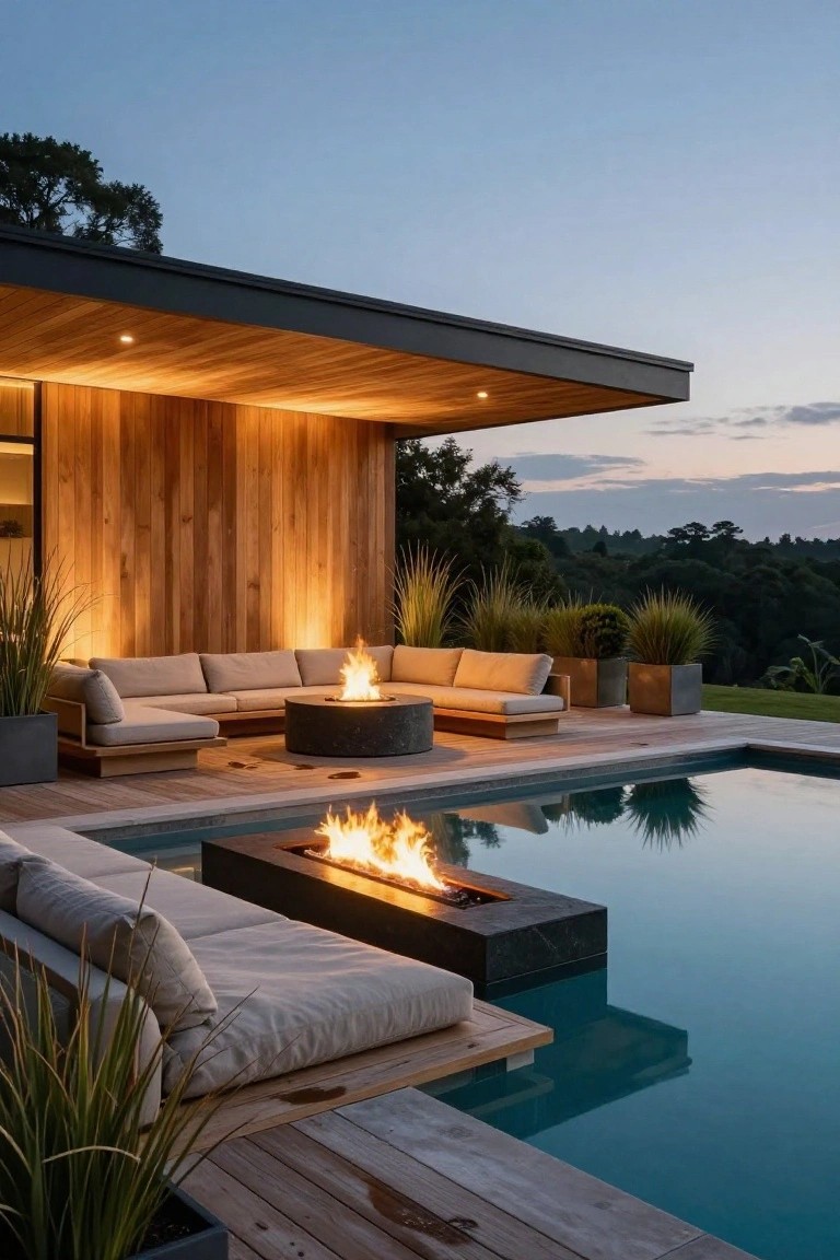 Outdoor pool deck at dusk with beige L-shaped sofa around a round stone fire pit, linear black stone fire pit along the pool edge, wooden pavilion with warm lighting, potted tall grasses, and surrounding trees.