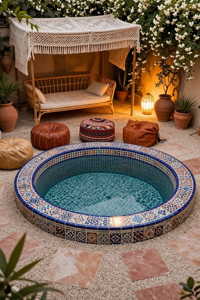 Round blue-tiled pool surrounded by tan and patterned poufs on a gravel patio, with potted plants, terracotta pots, a rattan swing under a white crochet canopy, and a lit lantern nearby.