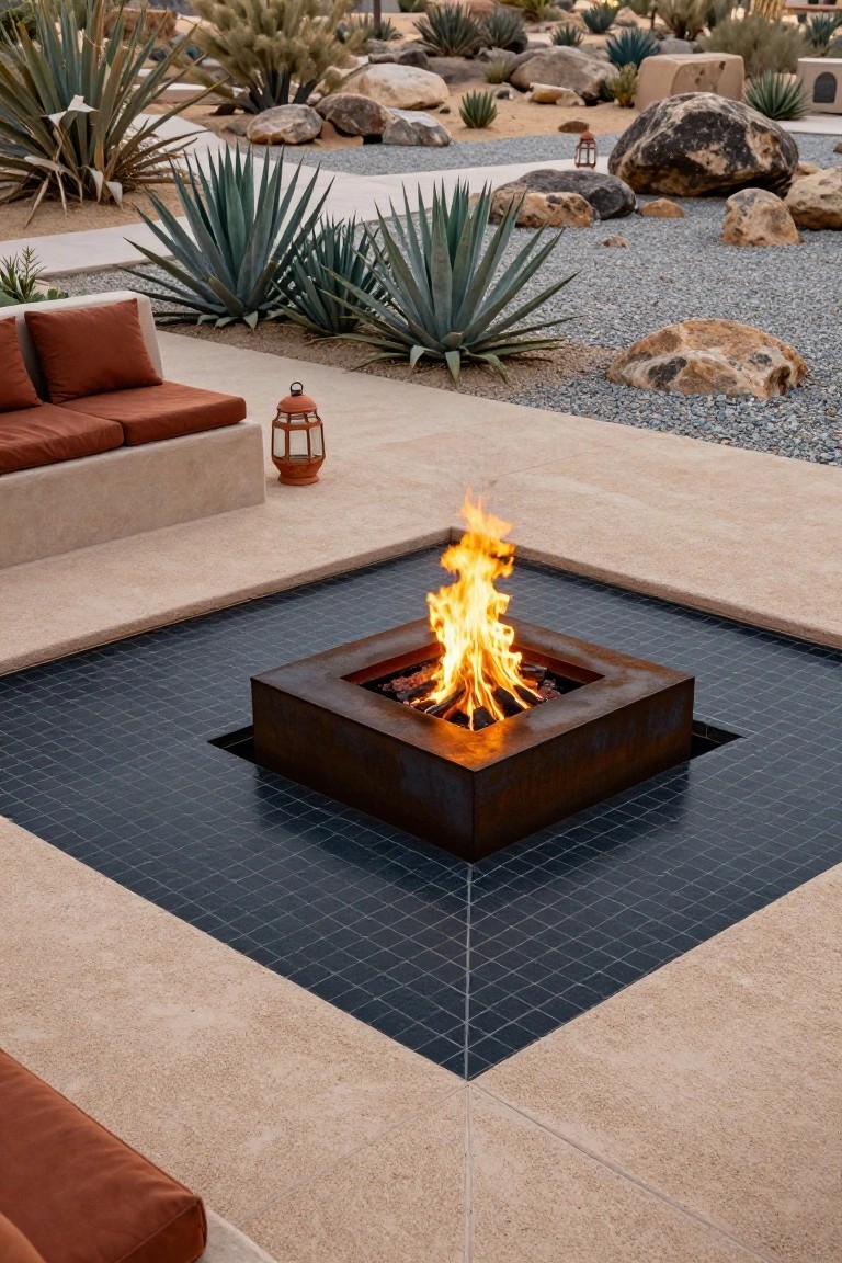 Square corten steel fire pit recessed into a dark blue tiled platform on an outdoor patio surrounded by agave plants, boulders, gravel paths, orange cushioned benches, and a terracotta lantern in a desert landscape.