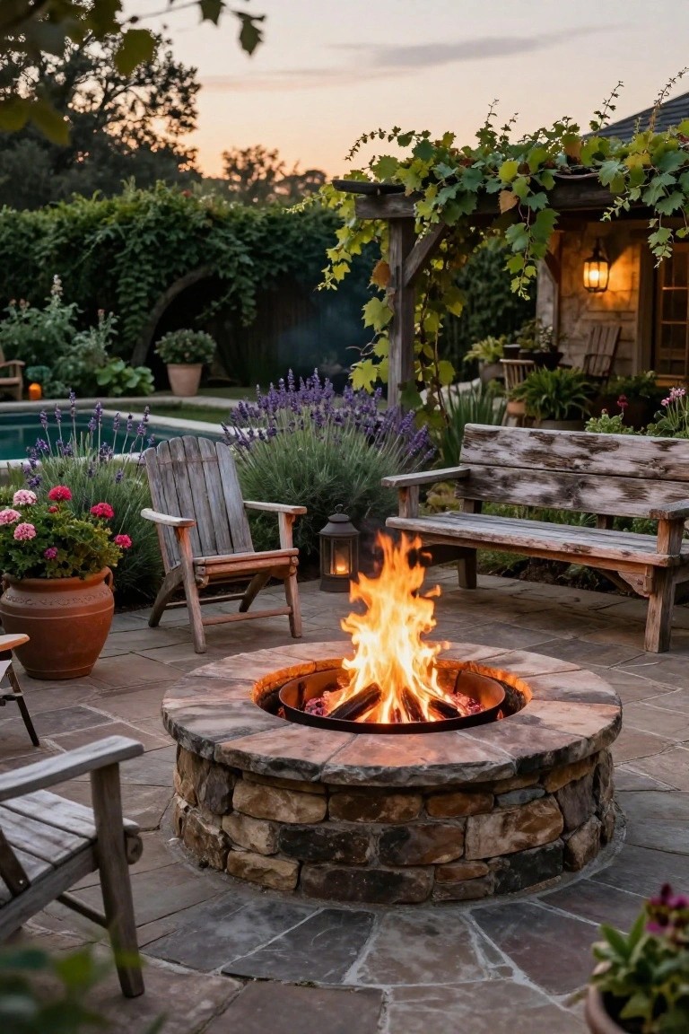 Circular stone fire pit on a paved patio next to a pool, surrounded by rustic wooden Adirondack chairs, a weathered bench, potted flowers, lavender plants, and lanterns in evening light.