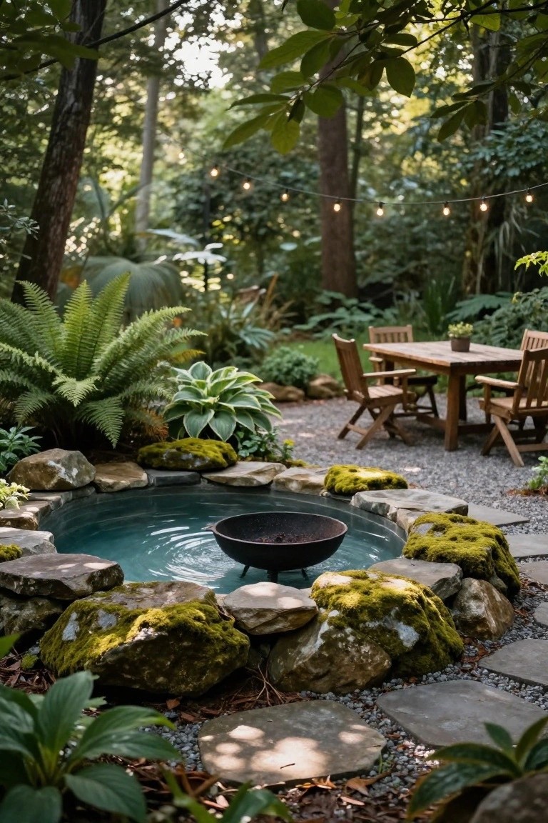 A small circular turquoise pool edged with moss-covered stones features a central black metal cauldron fire pit with water rippling around it, surrounded by lush greenery, gravel paths, a wooden dining table and chairs, and string lights in a forested garden.