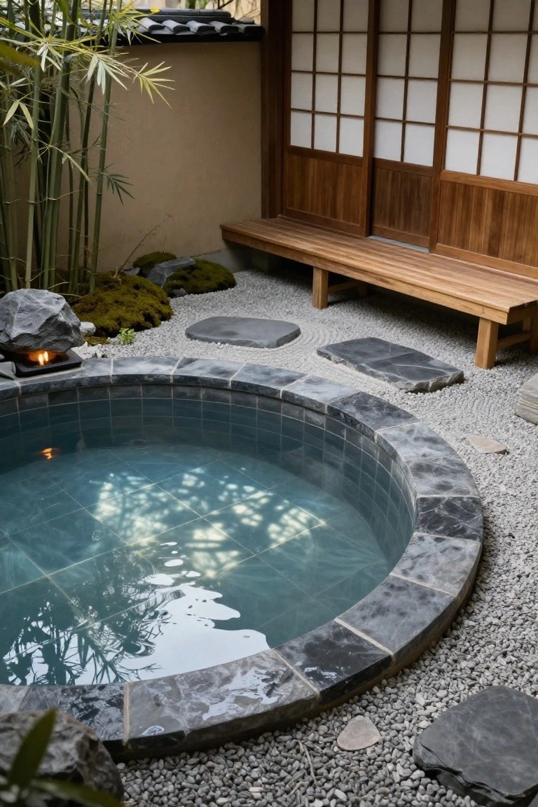 Round blue-tiled hot tub in gravel garden surrounded by bamboo plants, mossy rocks, stone stepping stones, wooden bench, shoji screens, and stone lantern with fire pit nearby.