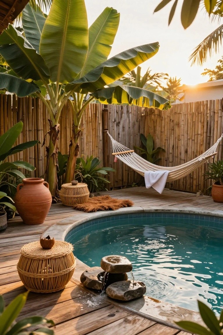Small round turquoise pool with stone waterfall on wooden deck surrounded by bamboo fencing, tropical plants, white hammock with towel, terracotta pots, and woven baskets in a backyard.