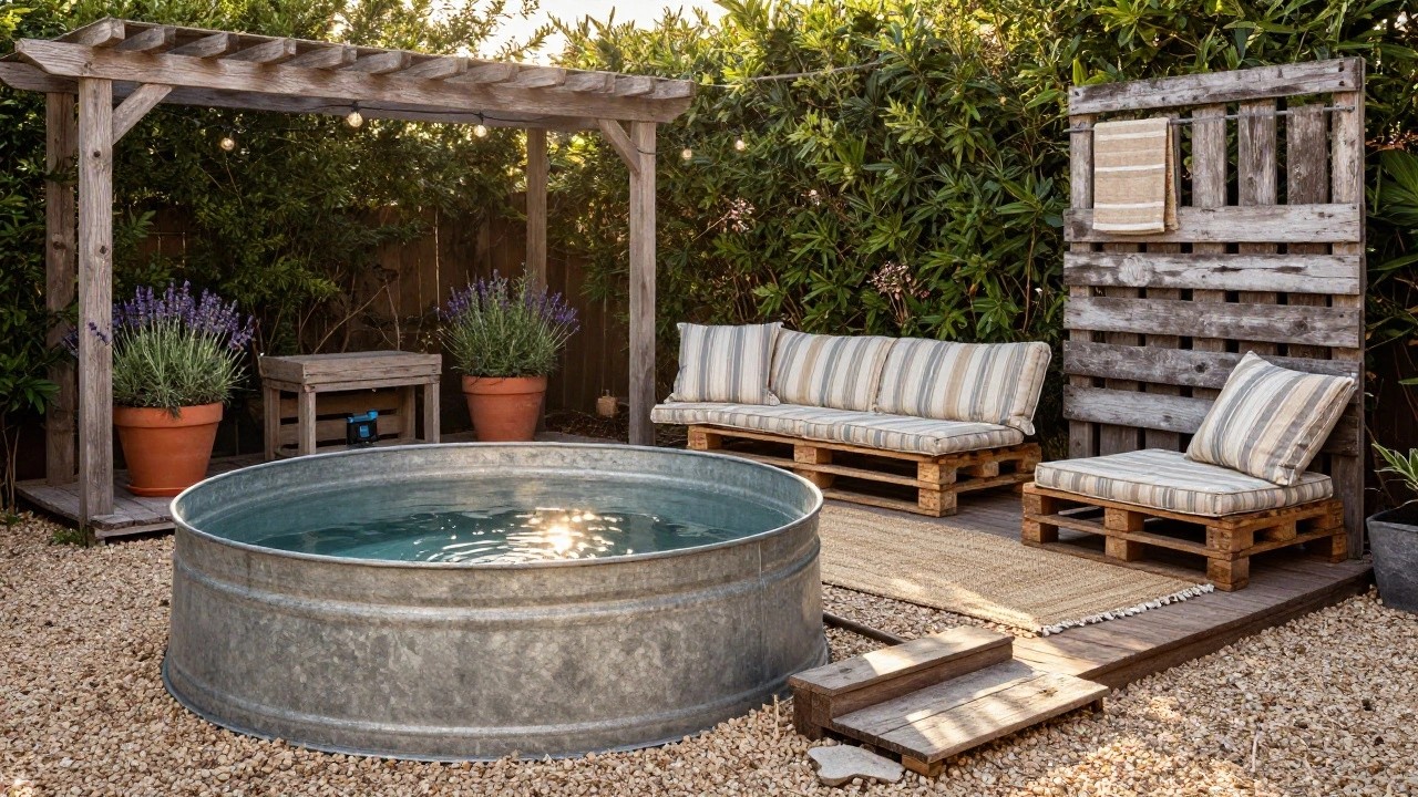 Oval turquoise stock tank pool with stone edge and gravel surround, next to wooden pergola strung with lights over a striped pallet sofa, with terracotta pots of lavender plants nearby.