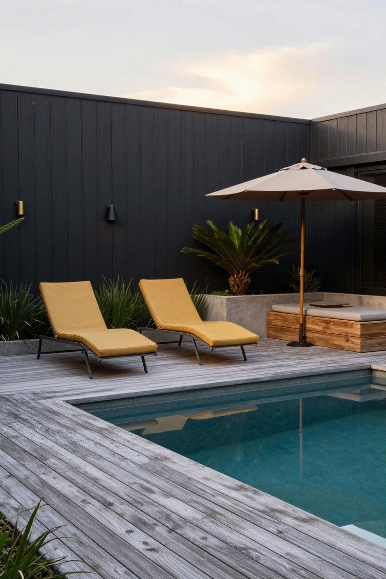 Small turquoise pool on gray wooden deck next to two yellow chaise lounges under a beige umbrella, with potted plants and dark wood privacy fencing.