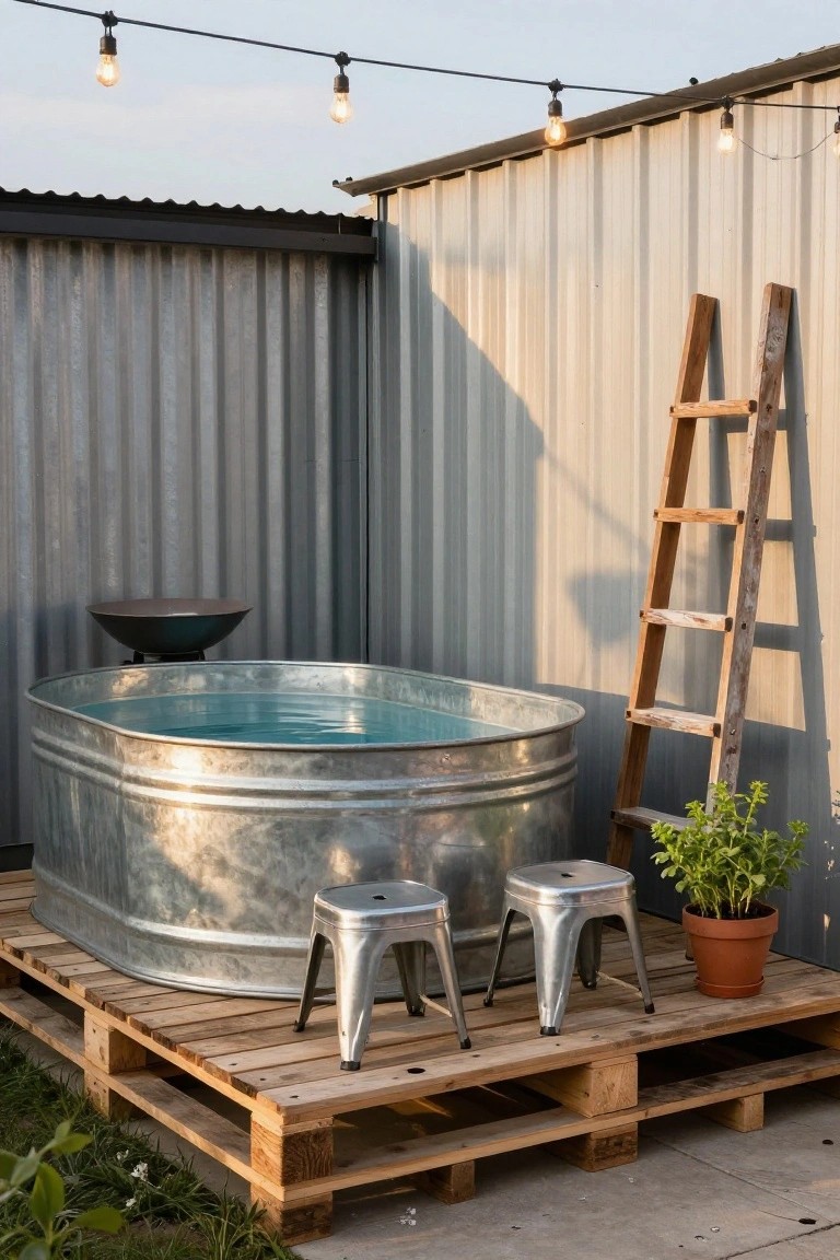 Oval galvanized stock tank pool filled with turquoise water on a wooden pallet platform outdoors next to a corrugated metal shed wall, with two metal stools, a wooden ladder leaning against the wall, string lights overhead, and a potted plant nearby.