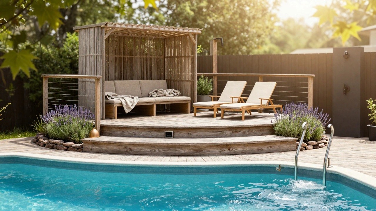 Wooden raised deck with pergola overhead, two wicker lounge chairs, potted plants, and lavender bordering a curved above-ground pool in a backyard.