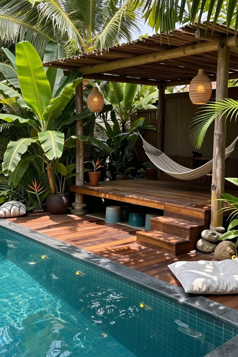 Turquoise tiled above-ground pool next to a raised wooden deck platform with steps, white hammock, potted plants, cushions, and lush tropical greenery under a bamboo-roofed structure.