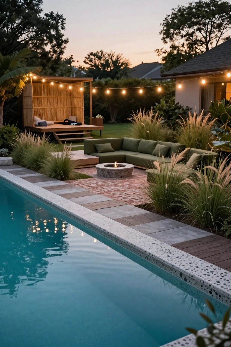 Above-ground pool bordered by multi-level wooden deck with paver paths, circular stone fire pit, L-shaped green outdoor sofa, pampas grass plantings, bamboo pergola with string lights, and palm trees at dusk.