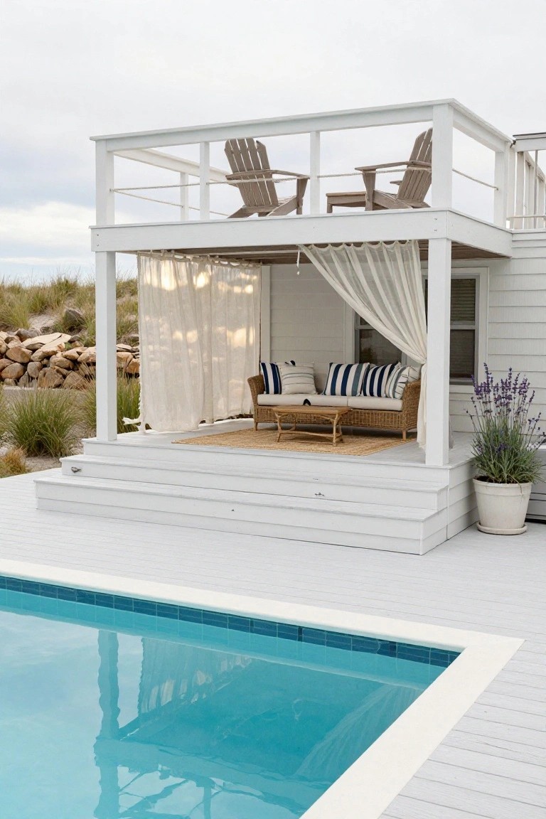 White multi-level wooden deck next to a turquoise above-ground pool, with an elevated porch enclosed by sheer curtains, Adirondack chairs upstairs, striped sofa and coffee table downstairs, and nearby lavender plants and rock walls by beach dunes.