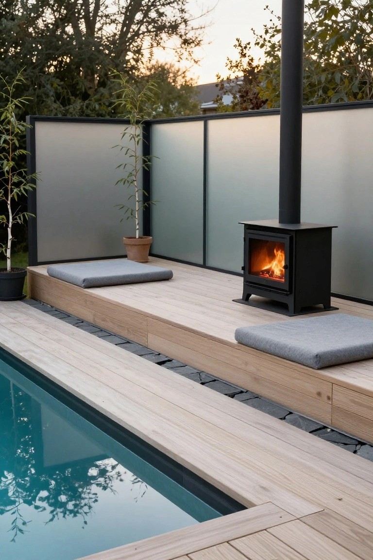Light wood multi-level deck beside an above-ground pool with built-in cushioned benches on a raised platform, black wood-burning stove with fire, frosted glass privacy panels, and potted bamboo plants.