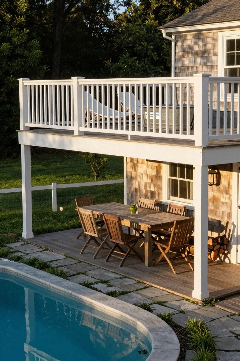 Above-ground pool next to a lower wooden deck with dining table, chairs, and potted plant, beneath an elevated upper deck with white railing and lounge chair, beside a shingled house exterior.