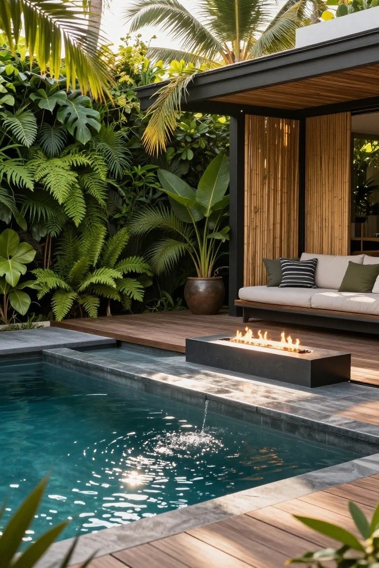 Wooden deck platform with black rectangular gas fire pit and flames overlooking turquoise rectangular pool with gray stone tile surround, tropical plants and bamboo-screened pavilion with cushions nearby.