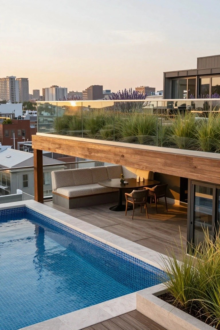Rooftop deck with blue mosaic above-ground pool, raised wooden platform holding beige sofa and rattan chairs under wood beam overhang, surrounded by grasses and city skyline at sunset.
