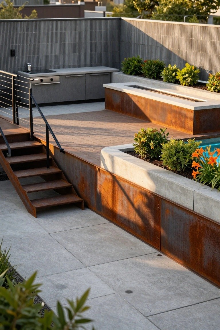 Multi-level rooftop deck with wooden platform, corten steel steps and walls, outdoor kitchen with grill, concrete fire pit bench, and above-ground pool surrounded by plants and concrete edging.