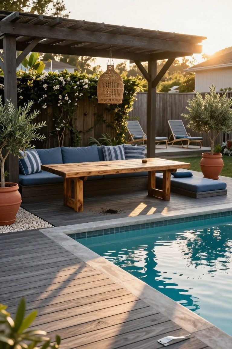 Wooden pergola-covered deck beside an above-ground pool, featuring built-in blue bench seating around a rectangular wooden table, lounge chairs, olive trees in terracotta pots, and a rattan hanging lantern at sunset.