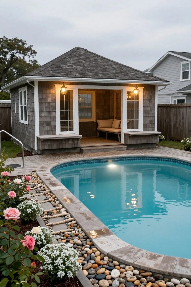 Oval above-ground swimming pool surrounded by wooden deck, with adjacent gray shingled pool house featuring open glass walls, built-in bench seating, exterior lights, and landscaping of roses, white flowers, and pebbles along the pool edge.