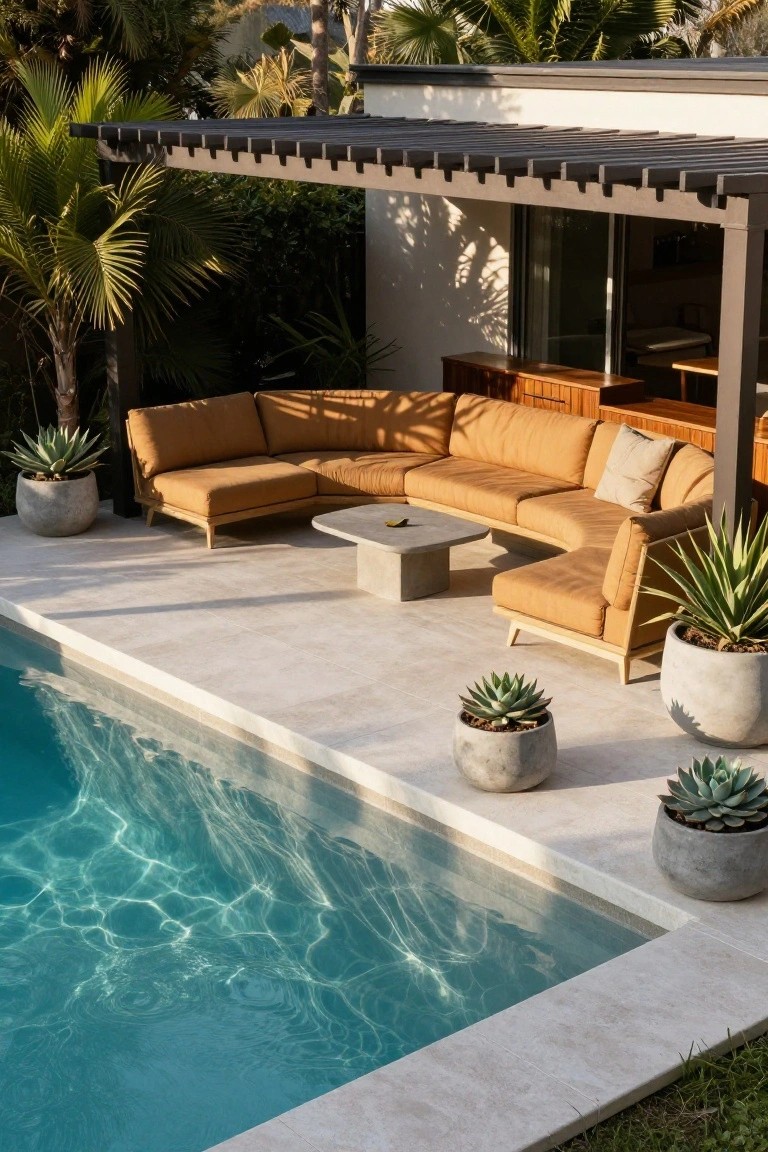 Tan L-shaped outdoor sofa with cushions on light stone pool deck next to turquoise pool water, concrete coffee table in center, potted agave plants, and wooden pergola overhead amid palms.