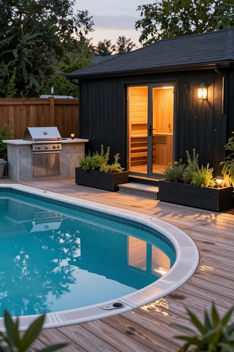 Wooden deck surrounding a curved above-ground pool with blue water, concrete BBQ island, black planters with herbs, and steps leading to the door of a black wooden sauna cabin beside the pool at dusk.