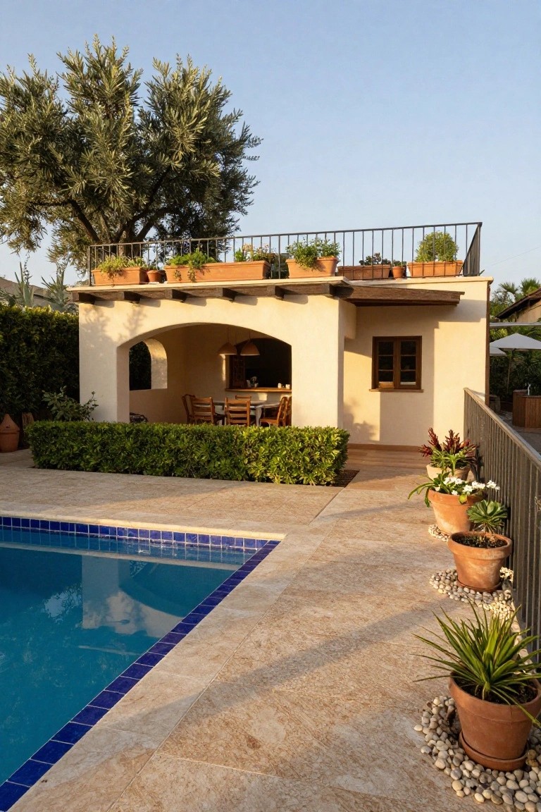Beige stucco outdoor kitchen cabana with arched entry, wooden bar stools, and pendant lights beside a blue-tiled above-ground pool on a light stone deck, with potted plants, hedges, and olive trees nearby.