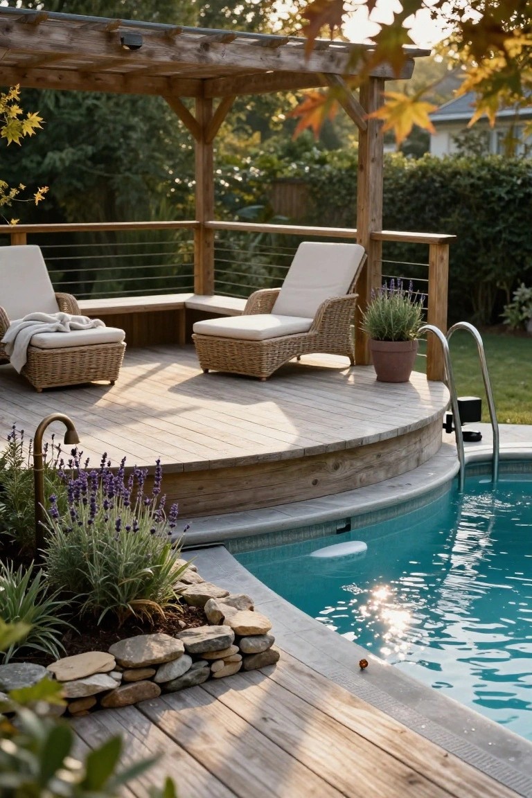 Wooden raised deck with pergola overhead, two wicker lounge chairs, potted plants, and lavender bordering a curved above-ground pool in a backyard.