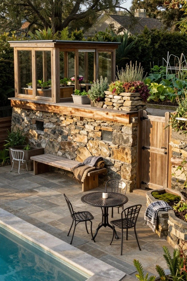 Overhead view of an above-ground pool deck with gray stone tiles, black metal bistro table and chairs, wooden bench against a tall stone retaining wall topped by a wooden greenhouse structure, garden plantings, and a wooden gate.