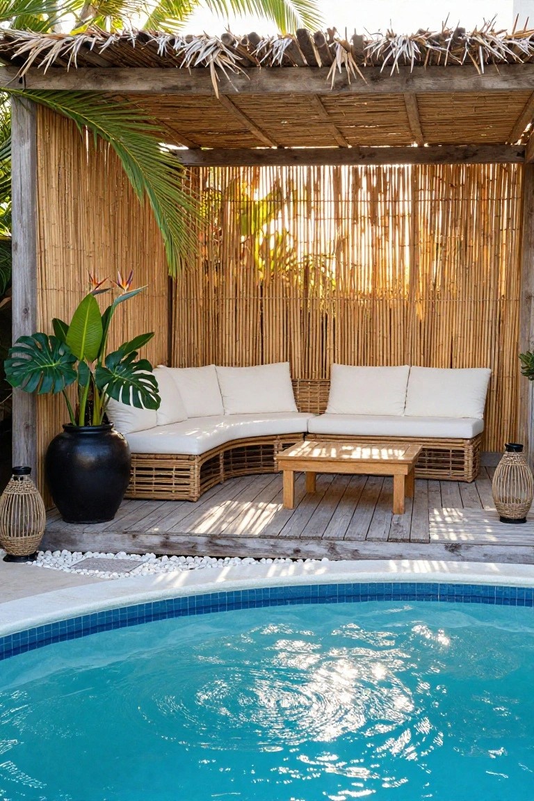 Bamboo pergola with curved white sofa, wooden coffee table, potted plants, and lanterns on a wooden deck next to a blue-tiled above-ground pool.
