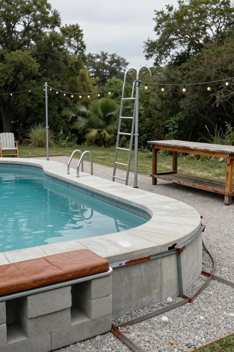 Curved above-ground pool with stacked concrete block deck, built-in brown leather bench, metal ladder and handrails, nearby wooden table, gravel surround, string lights overhead, and trees in background.