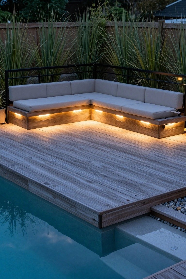 Built-In Pool Deck Bench with Underlighting