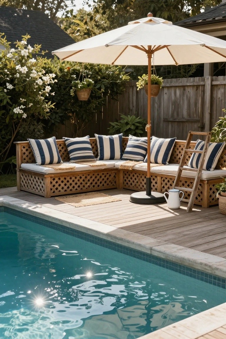 Wooden L-shaped bench with blue and white striped cushions on a sunny deck next to a blue-tiled above-ground pool, with a white umbrella overhead, plants, and a ladder nearby.