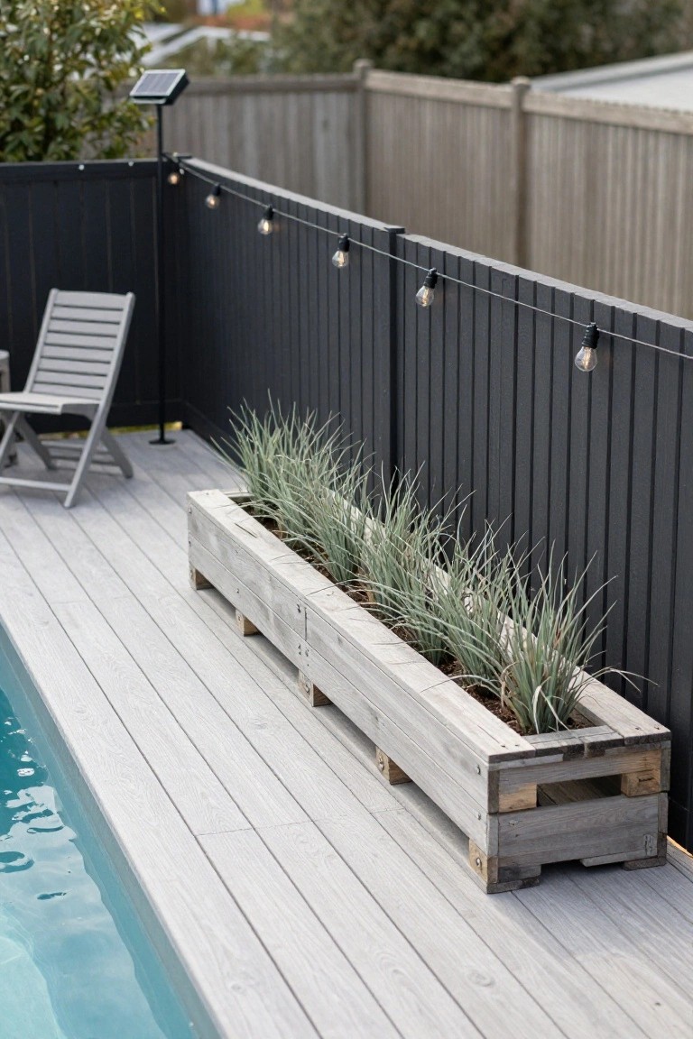 Long wooden crate planter filled with tall grasses positioned along the edge of a light gray pool deck next to a blue above-ground pool, with a white lounge chair, black fence, string lights, and solar light visible.