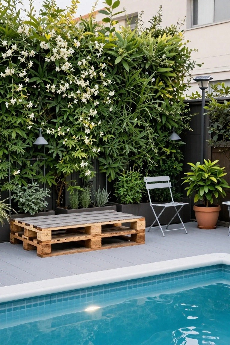 Gray concrete pool deck featuring a wooden pallet bench, two folding metal chairs, potted plants, and a lush green vine-covered fence beside a blue-tiled swimming pool.