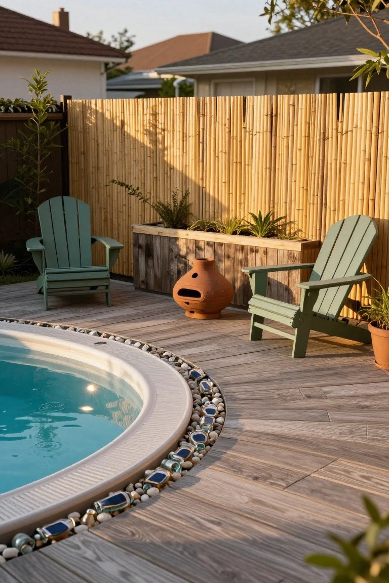 Above-ground pool with curved wood deck edged by white pebbles and embedded blue solar lights, flanked by green Adirondack chairs, a terracotta fire pot, plants, and bamboo privacy fence.