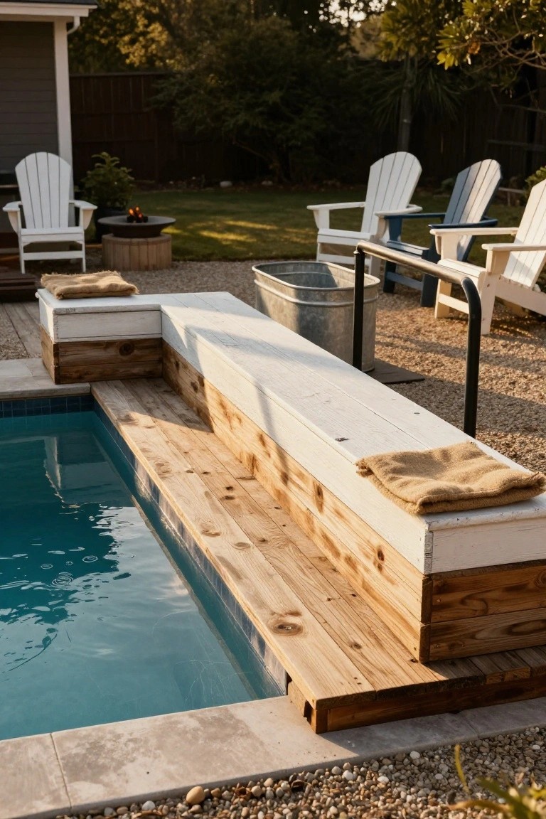 Backyard above-ground pool with wooden deck featuring a long built-in bench with white top and tan cushions, surrounded by Adirondack chairs, a fire pit, metal tubs, gravel, and plants.