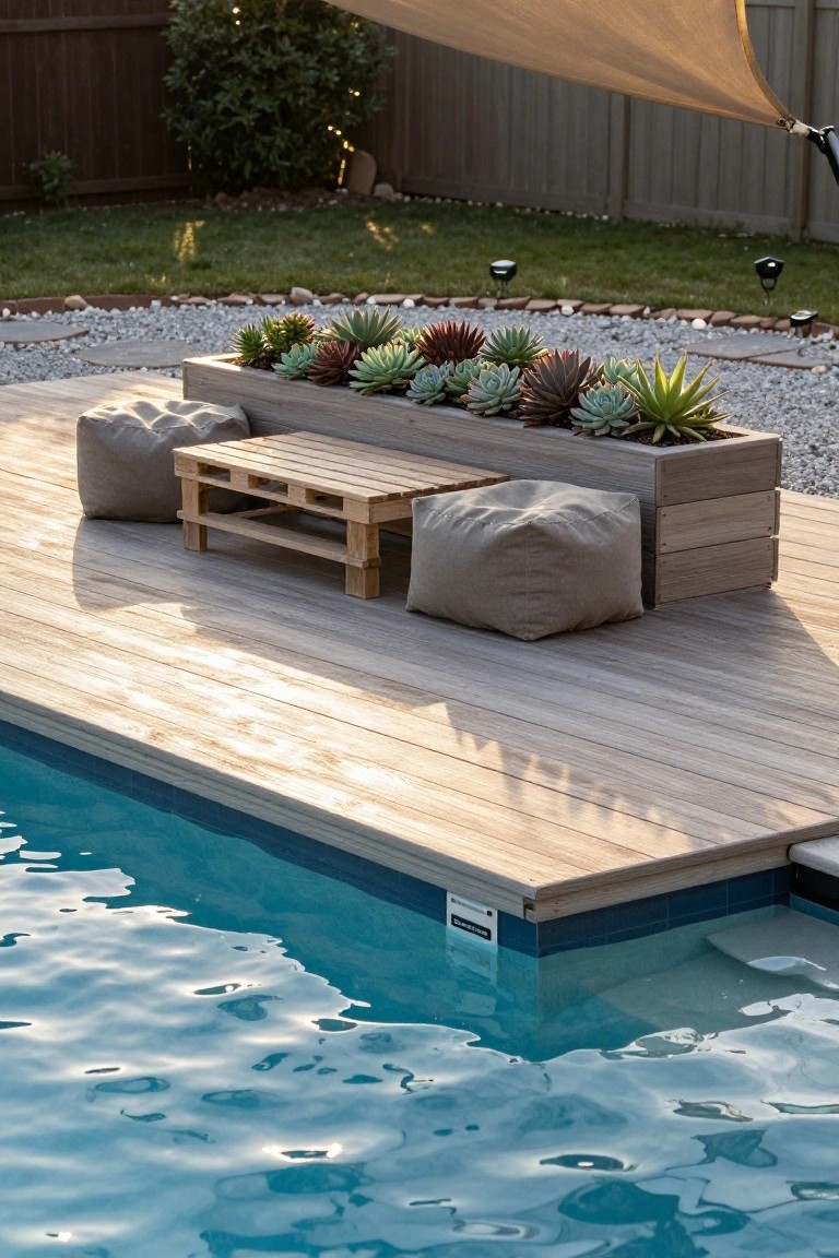 Wooden deck platform beside an above-ground pool with a rectangular planter box filled with various succulents along the edge, a low pallet wood table, two gray pouf cushions, and a beige shade sail overhead.