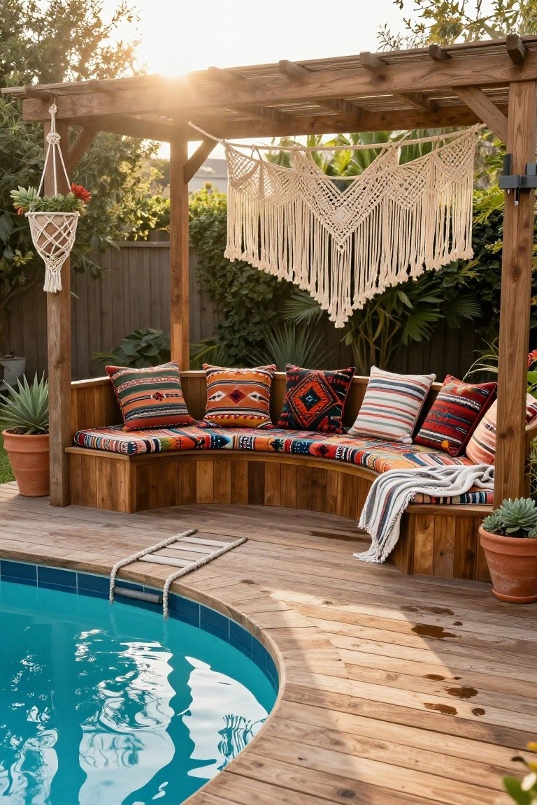 Curved wooden bench with colorful patterned cushions under a pergola on a pool deck next to a blue above-ground pool, with plants, macrame hangings, and potted succulents nearby.