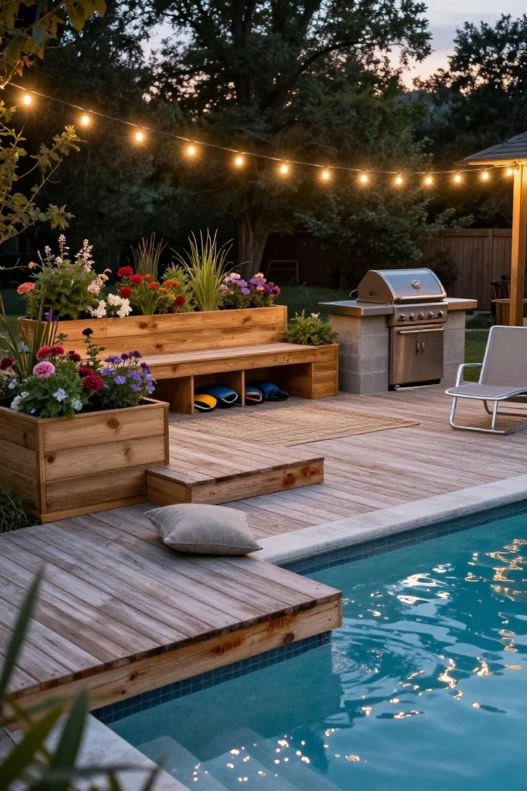 Wooden planter boxes arranged as a bench with built-in storage cubbies holding flippers and towels, colorful flowers blooming from the boxes, stainless steel grill nearby on a wooden deck beside an in-ground pool at dusk with string lights overhead.