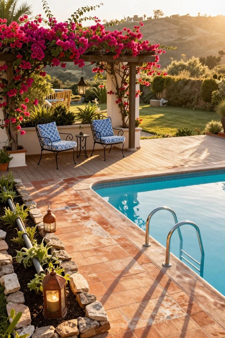 Terracotta tiled pool deck edge with stone borders containing plants and lanterns, wooden deck extending from above, blue above-ground pool with ladder, and pergola seating area with pink bougainvillea in the background.