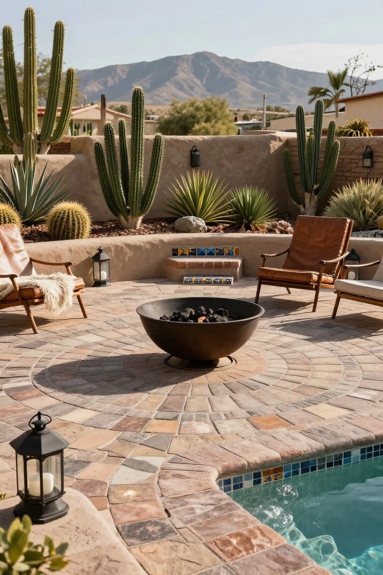 Pool deck resurfaced with circular multicolored stone pavers centered on a black metal fire pit bowl, with two leather armchairs, lanterns, and adjacent blue-tiled pool edge surrounded by cacti and adobe walls.