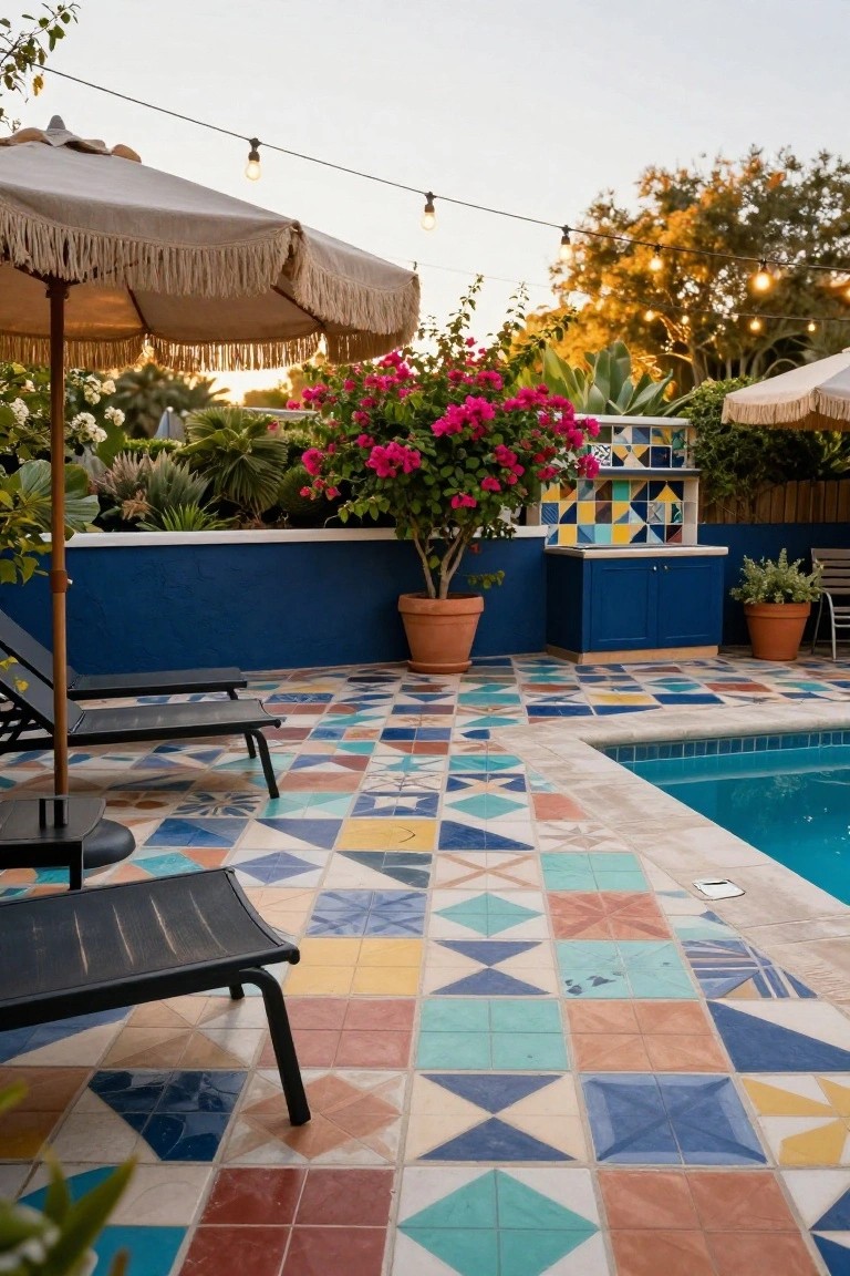 Pool deck resurfaced with multicolored diamond-patterned tiles in blues, reds, yellows, greens, and whites, featuring lounge chairs, umbrellas, potted plants, a blue pool, and a blue wall backdrop.
