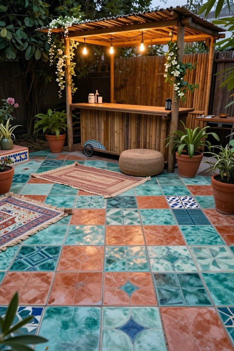 Backyard patio with a bamboo bar under a thatched pergola strung with lights, potted plants, woven pouf seating, rugs, and a floor of multicolored patterned ceramic tiles in teal, orange, blue, and white.