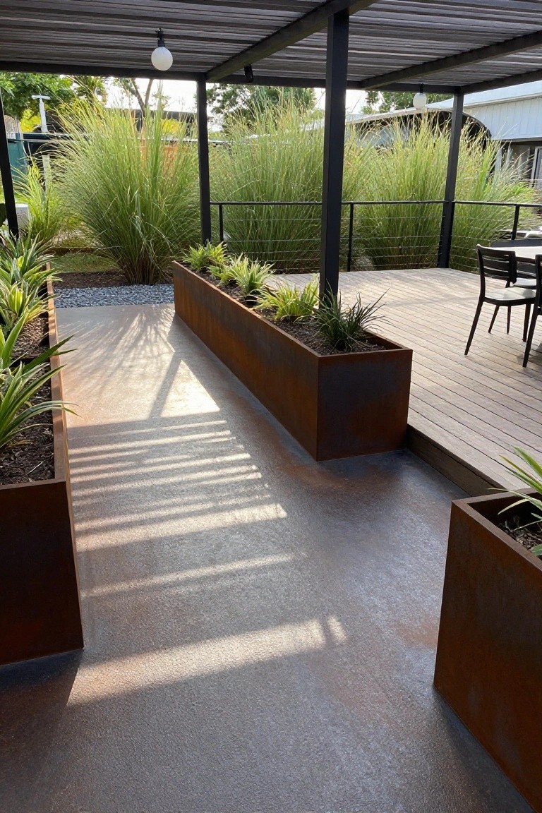 Long rectangular corten steel planters filled with grasses and plants line both sides of a textured gray concrete path on a pool deck area, next to wooden decking with a table and chairs under a metal pergola structure surrounded by tall ornamental grasses.
